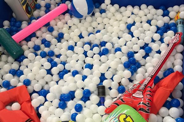 Guests posing in the ball pit photo booth