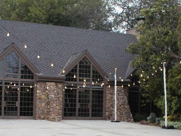 Courtyard party with overhead market lights