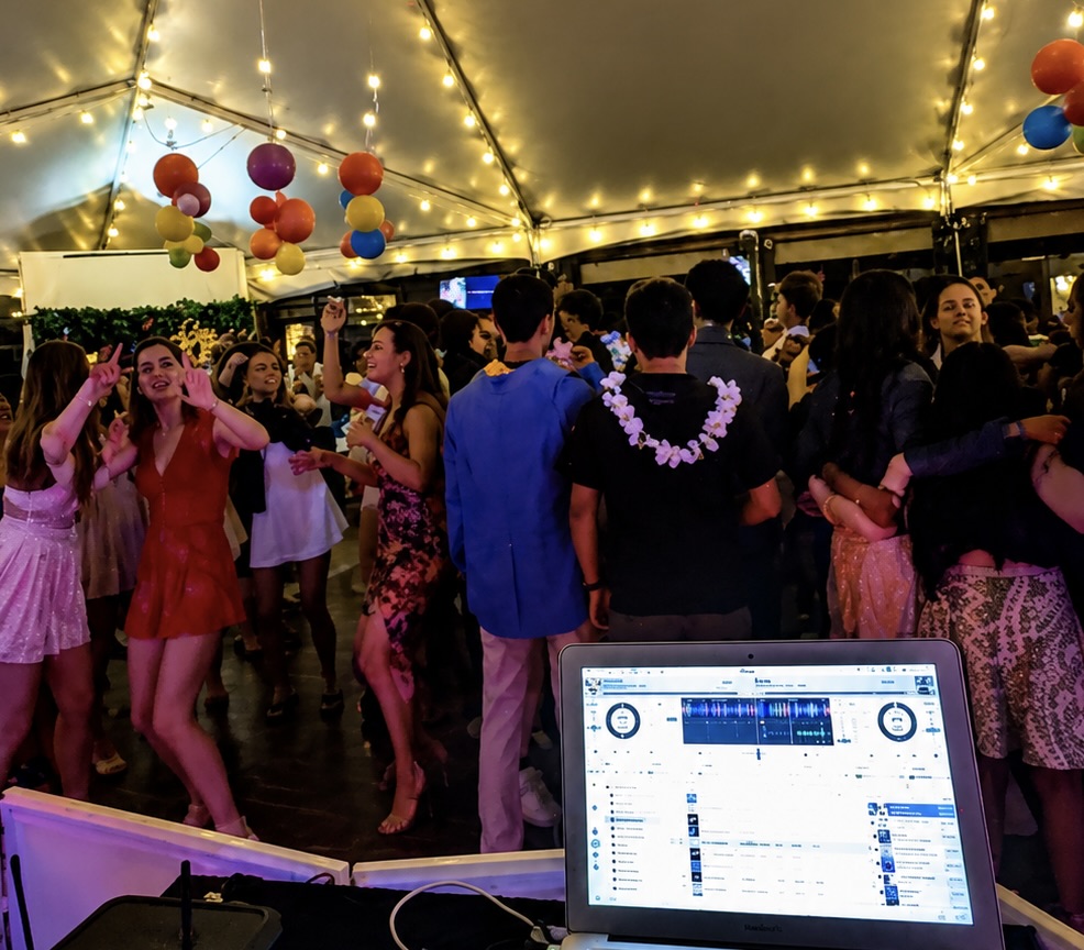 Guests wearing silent disco headphones