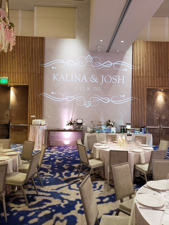 Event room with a monogram projection and uplighting