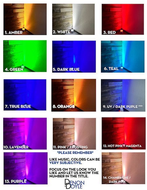 Denon and Doyle uplighting color catalog with amber, white, red, green, blue, teal, purple, pink, and champagne options