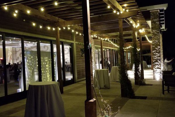 Market lights along an outdoor event walkway