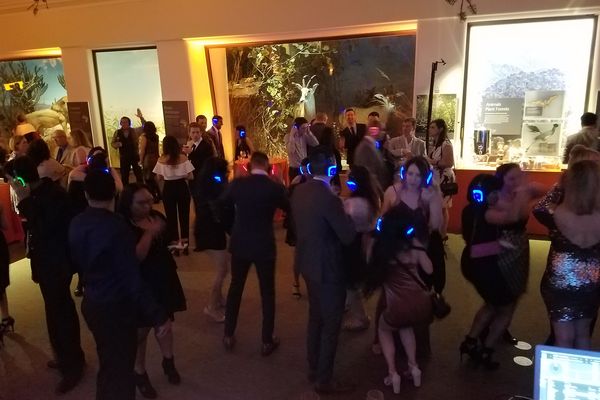 Silent disco party scene at a wedding reception