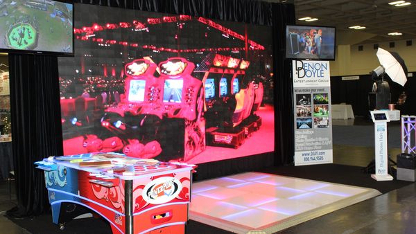 Video wall event setup with colorful visuals